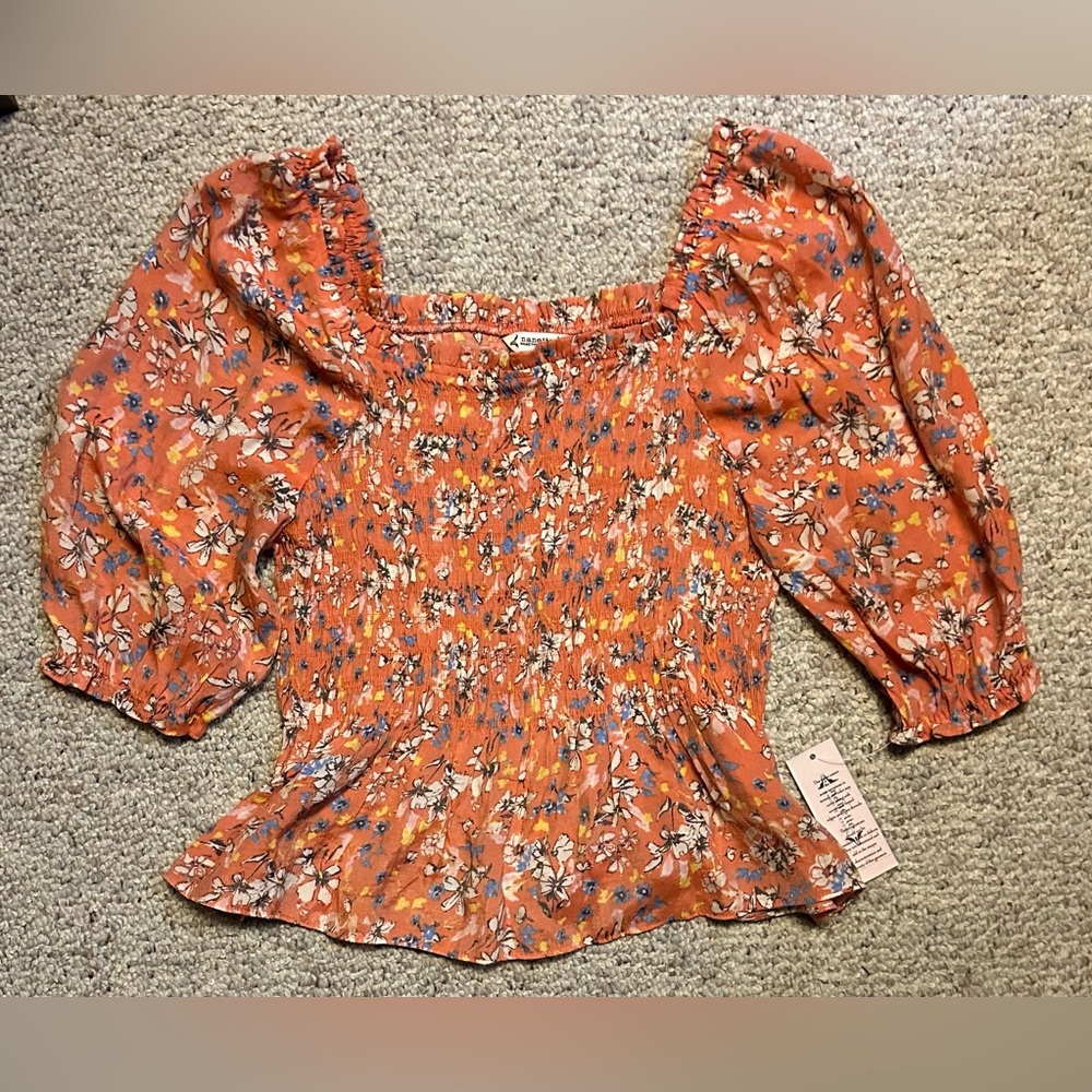 Nanette Lepore NWT On/Off Shoulder Smocked Floral Peplum Orange Blouse, Size M